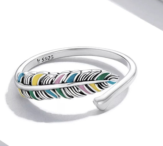 925 Sterling Silver Feather Ring Band Open Finger Fully Adjustable UK Pride