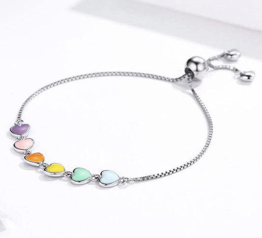 🌈 Rainbow Heart Adjustable Bracelet – 925 Sterling Silver