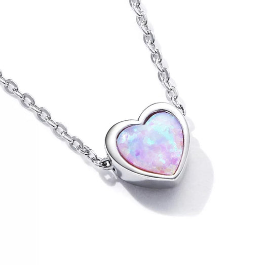 925 Sterling Silver Blue Opal heart Necklace