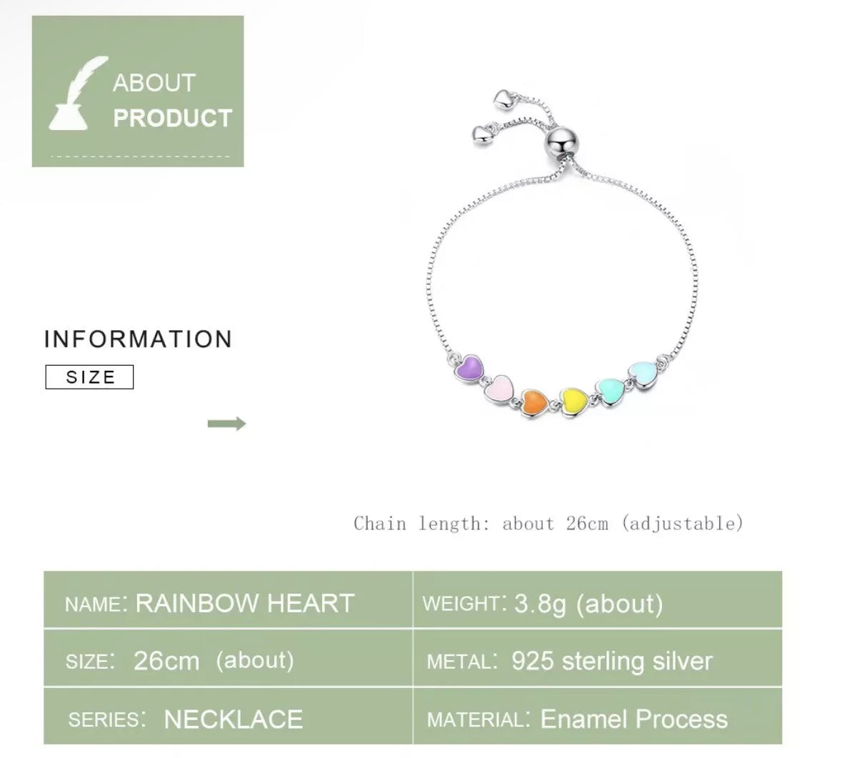 🌈 Rainbow Heart Adjustable Bracelet – 925 Sterling Silver