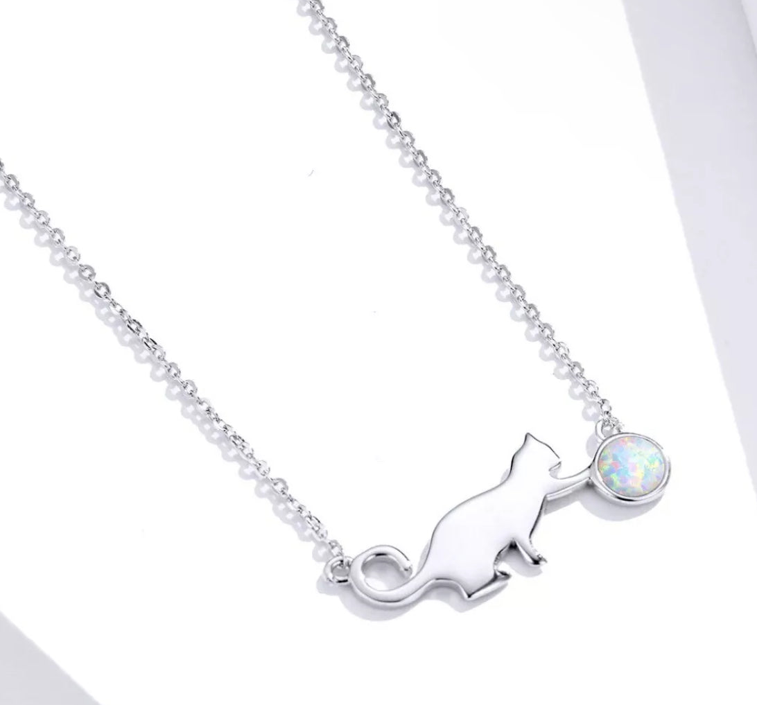 Playful Opal Cat Necklace Sterling Silver 925