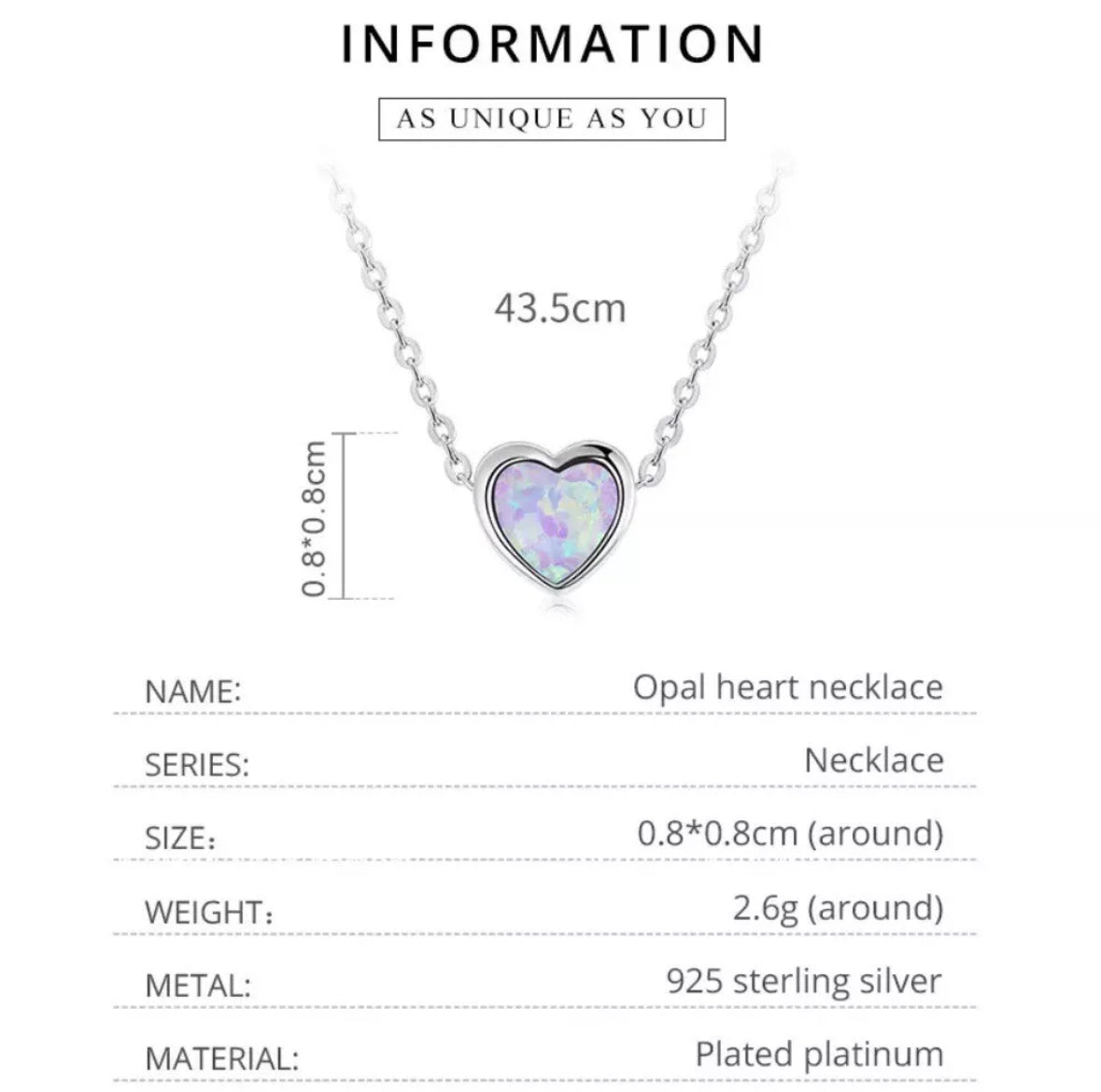 925 Sterling Silver Blue Opal heart Necklace