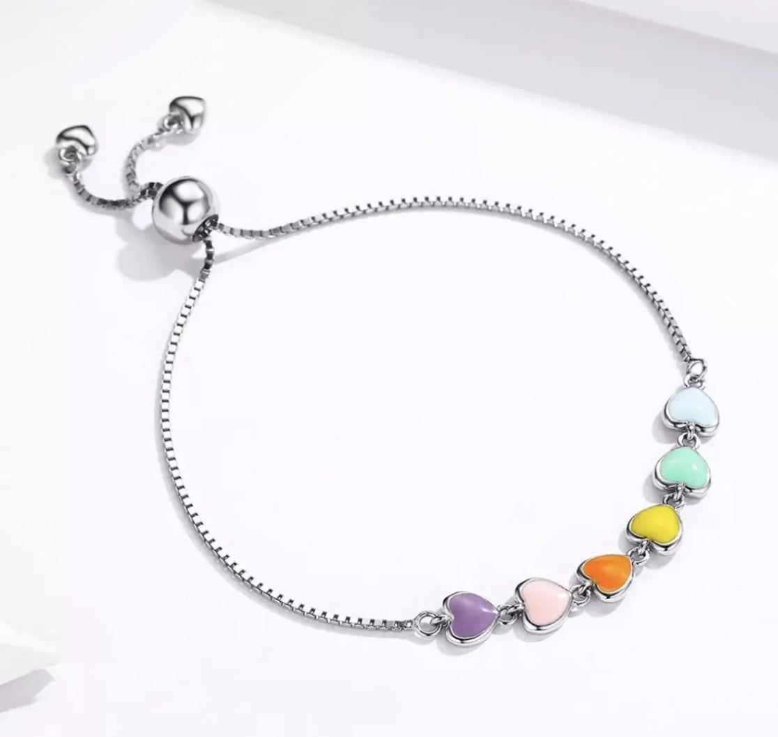 🌈 Rainbow Heart Adjustable Bracelet – 925 Sterling Silver