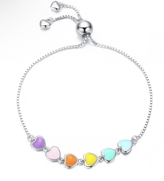 🌈 Rainbow Heart Adjustable Bracelet – 925 Sterling Silver