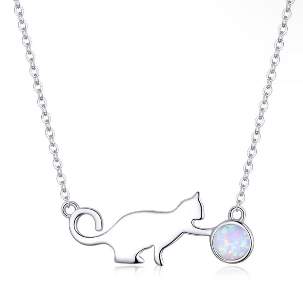 Playful Opal Cat Necklace Sterling Silver 925