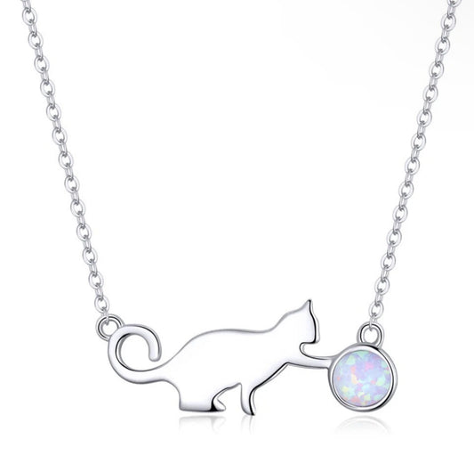 Playful Opal Cat Necklace Sterling Silver 925