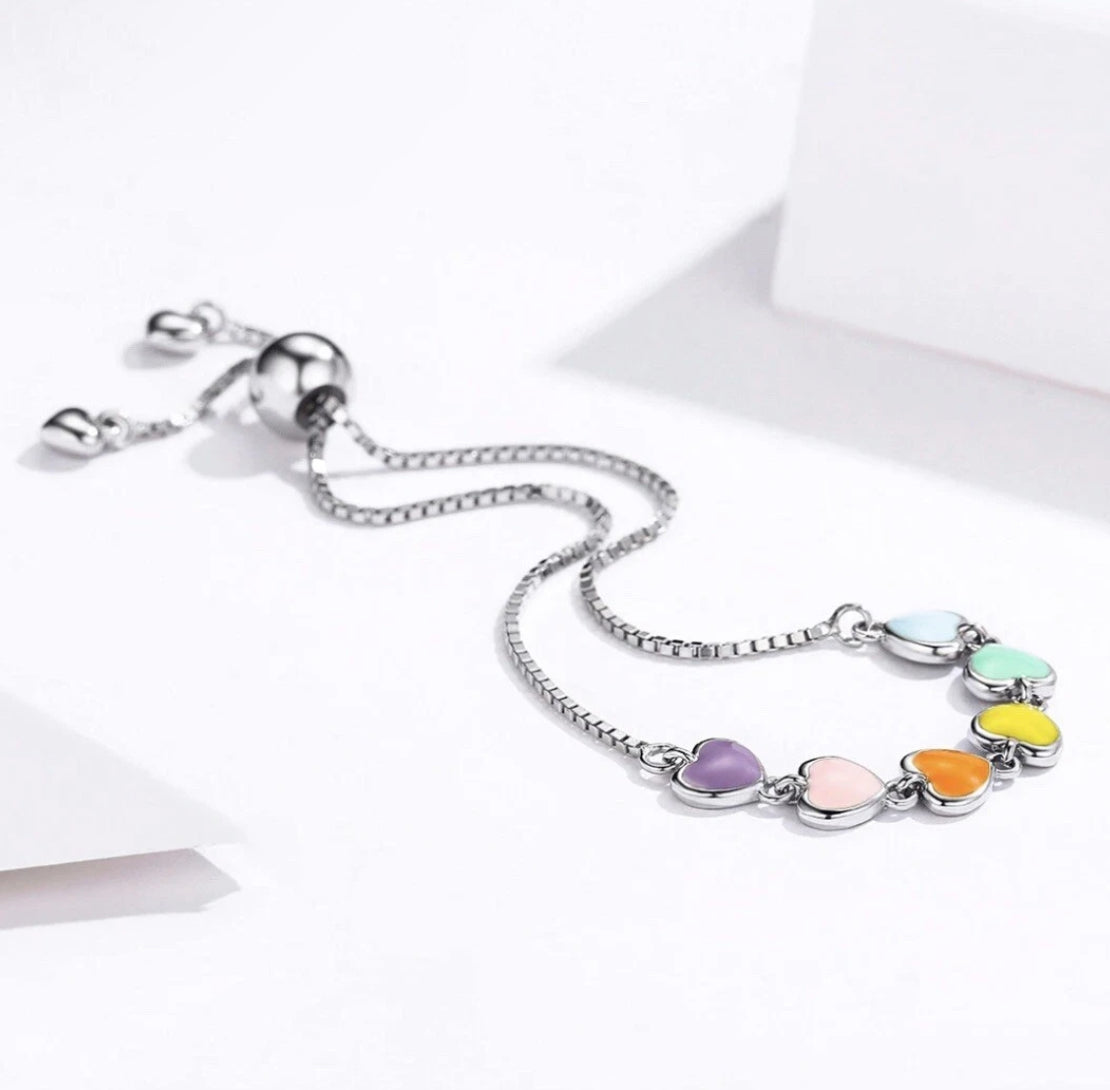 🌈 Rainbow Heart Adjustable Bracelet – 925 Sterling Silver