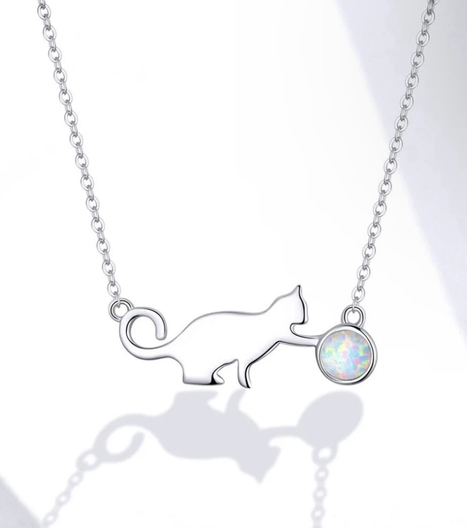 Playful Opal Cat Necklace Sterling Silver 925