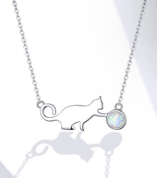 Playful Opal Cat Necklace Sterling Silver 925