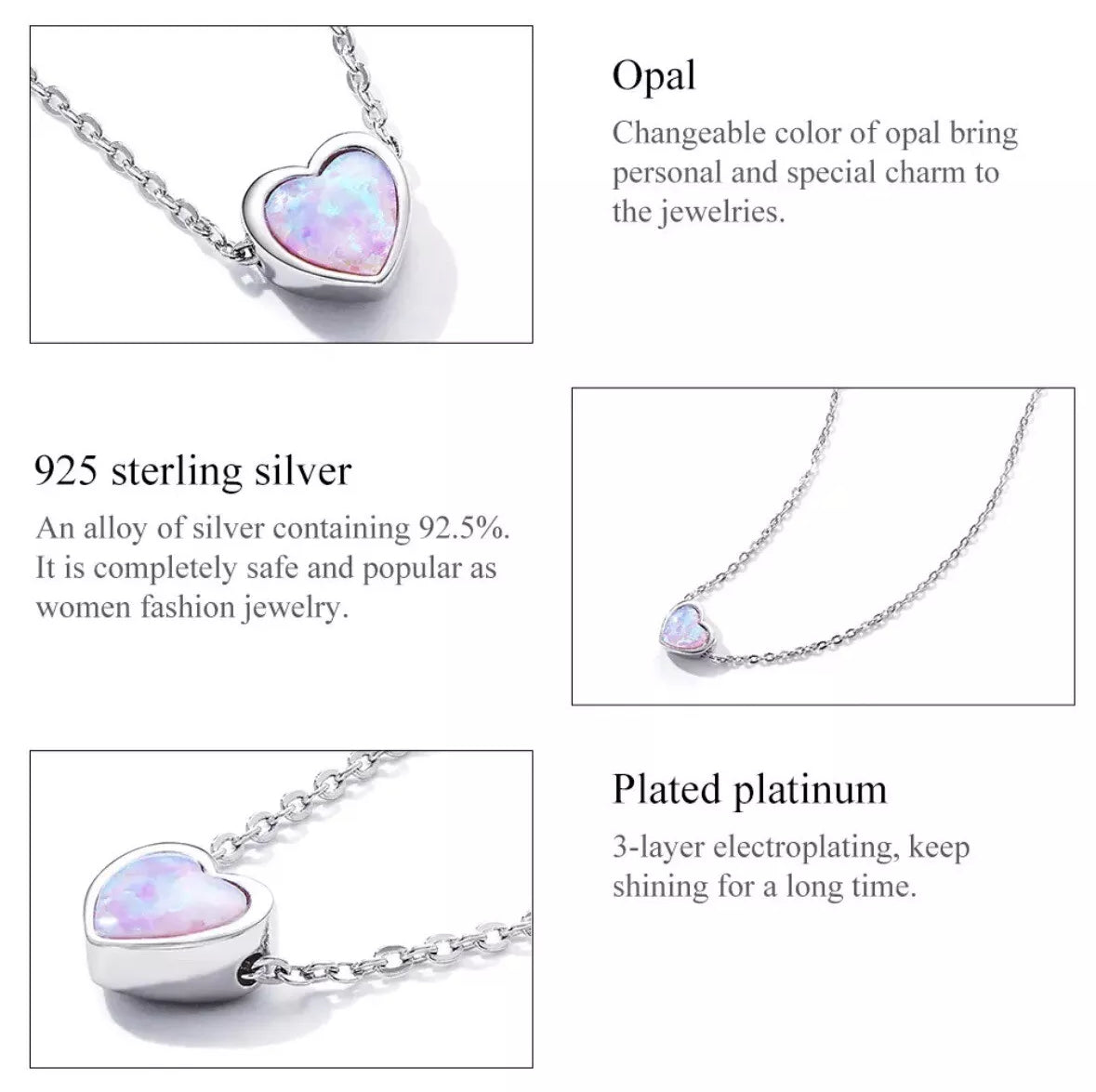 925 Sterling Silver Blue Opal heart Necklace