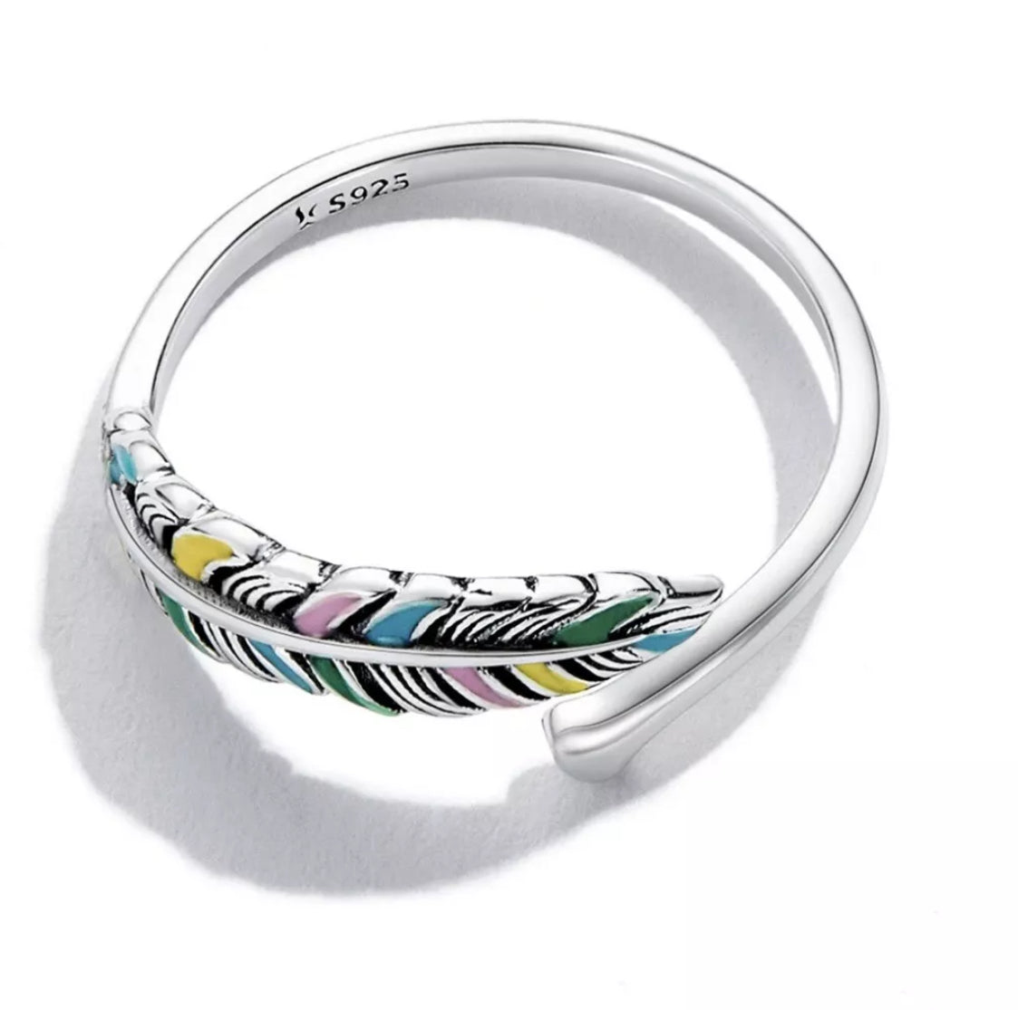 925 Sterling Silver Feather Ring Band Open Finger Fully Adjustable UK Pride