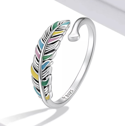 925 Sterling Silver Feather Ring Band Open Finger Fully Adjustable UK Pride