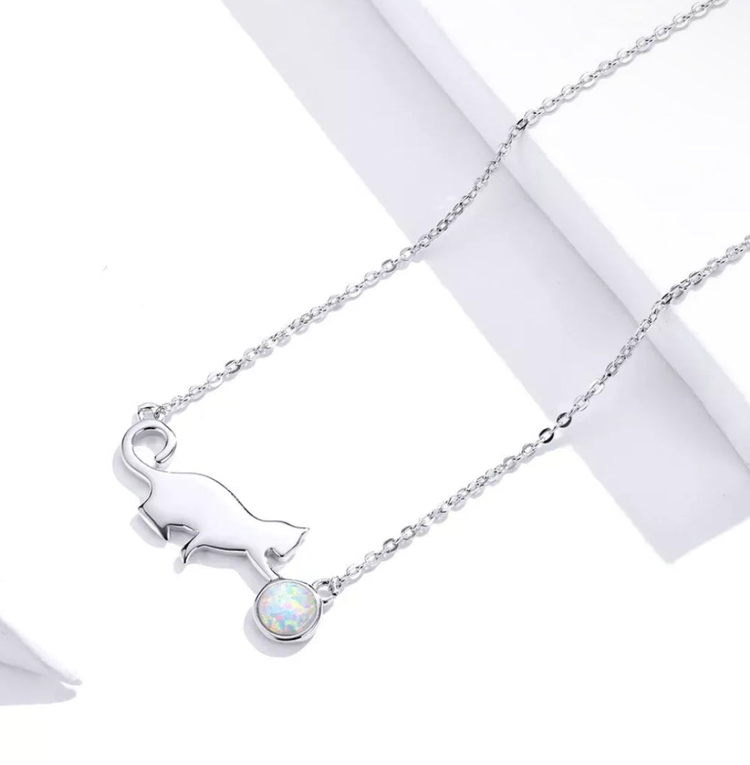 Playful Opal Cat Necklace Sterling Silver 925