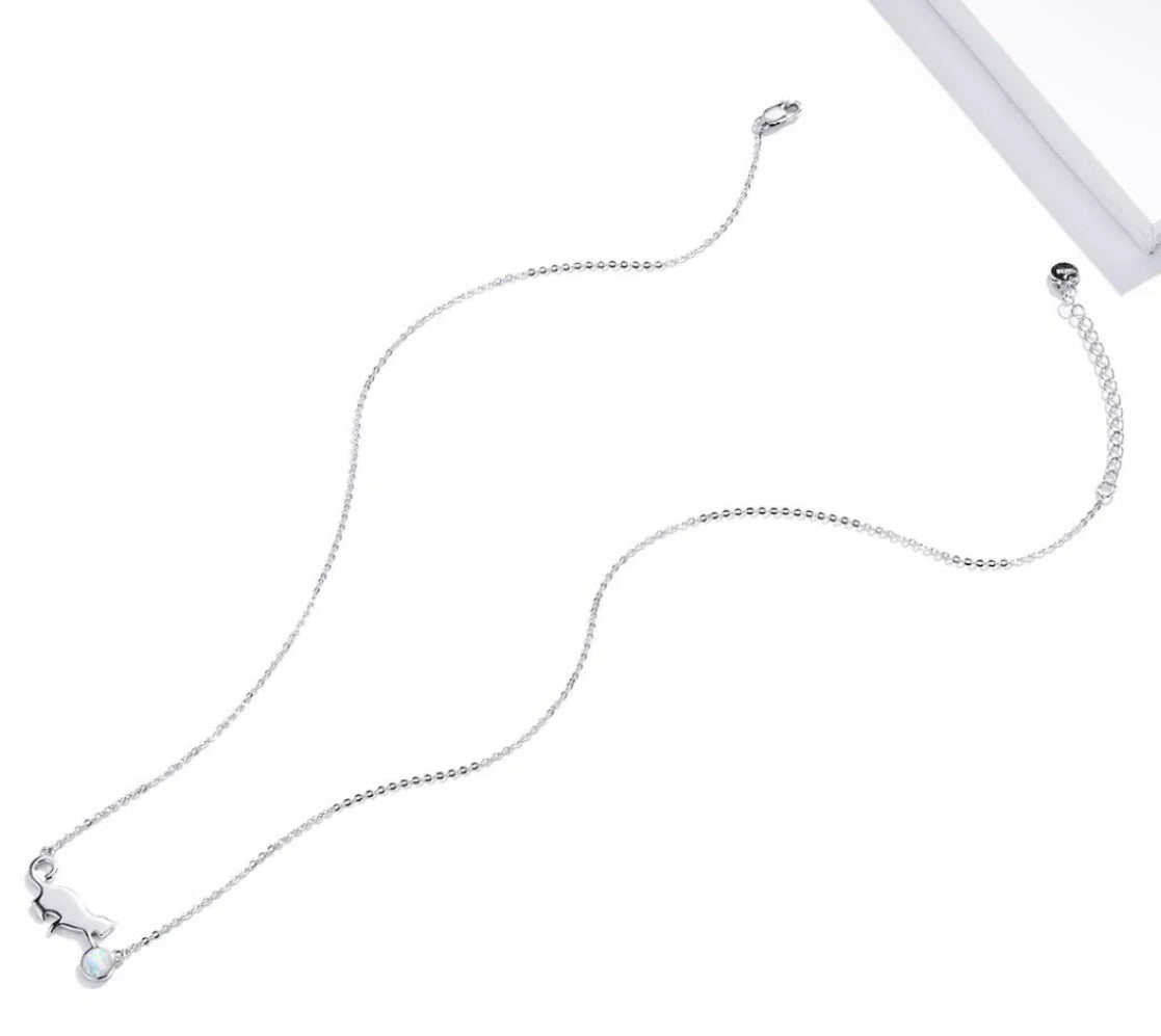 Playful Opal Cat Necklace Sterling Silver 925