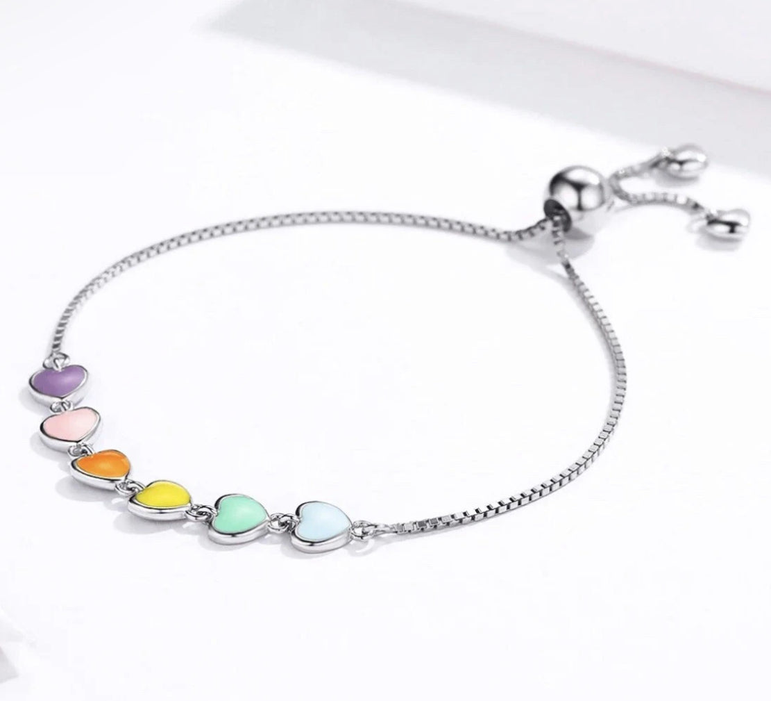 🌈 Rainbow Heart Adjustable Bracelet – 925 Sterling Silver